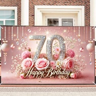 60th 65th 70th 80th 90th Birthday Banner - Elegant Pink & Gold Floral Backdrop | with Glitter Number