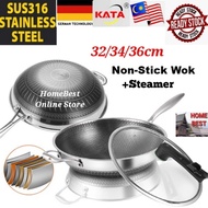 Upgrade KATA SUS316 Stainless Steel Honeycomb Pan Steamer Non-Stick Wok With Lid (32/34/36cm)