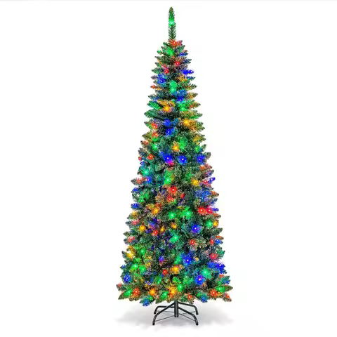 6-9 FT Slim Artificial Christmas Tree with Lights, 9 Adjustment Pencil Modes Tree with Warm LED for 