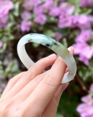 天然翡翠 緬甸 A玉 玉鐲 • 水墨飄花白底青翡翠福鐲
