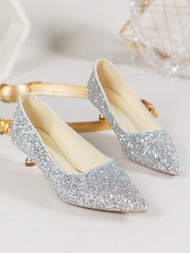女士銀色閃粉婚禮拖鞋高跟鞋