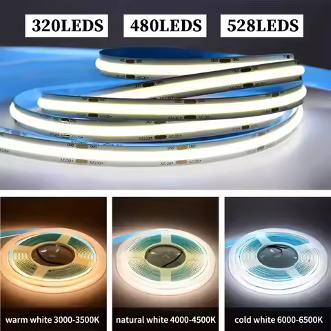 DC 12V 24V COB LED Strip 480 384 320 528Leds/M High Density RA90 White 3000K 4000K 6000K IP21 Flexib