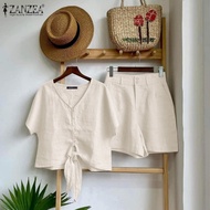 ZANZEA Womens 2pcs Suits Vintage Casual V-Neck 3/4 Sleeve Top Elastic Waist A-Line Shorts Plain Loos