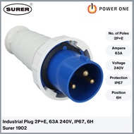 Surer 1902 Industrial Male Plug 2P+E, 63A 240V, IP67, 6H (1900 Series)
