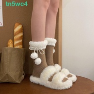 TN5WC4 Winter Socks Women, Plush Balls Lace Up Woolen Lolita Socks, Kawaii All Match Y2K Hosiery Mid