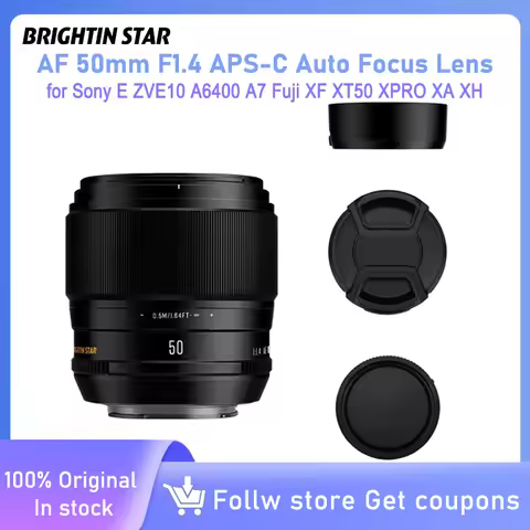 Brightin Star AF 50mm F1.4 APS-C Mirrorless Digital Auto Focus Lens for Sony E ZVE10 A6400 A7 Fuji X