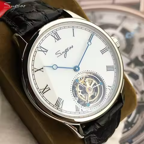 Sugess Tourbillon Watch Hand Winding Alligator Leather Mechanical Men Watch Antique Enamel Ceramic D