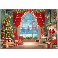 Fabric Christmas Red Curtain Backdrop Window Snowy Scene Xmas Pine Tree Gift Fireplace Photography B