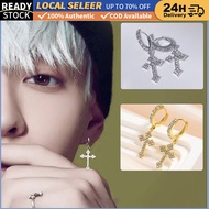 Diamond-Studded Cross Silver Hoop Earrings 1 Pair Men Women Unique Hip Hop Fashion Dazzling Zircon C