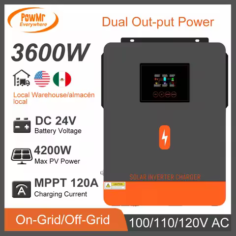 PowMr 3.6KW On/Off-Grid Hybrid Inverter 24V DC to 100V 110V 120V AC With 120A MPPT Solar Charge Cont