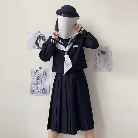 Basic Style Sailor Suit Set Traditional JK Uniform School Uniform Navy Skirt Set College Style Women