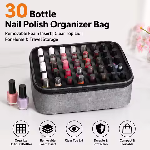 30-Bottles Large Capacity Nail Polish Organizer Bag Removable Foam Insert Clear Top Lid for Home Tra