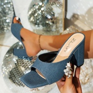 35-43 Size Large Size High Heels Denim Cover Foot Thick Heels