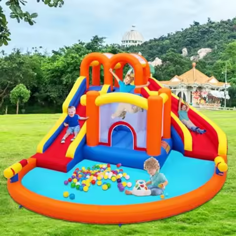 14.2x12.8FT Inflatable Water Park Giant Slide Bounce House with 2 Long Slides Thrilling Climbs Tramp