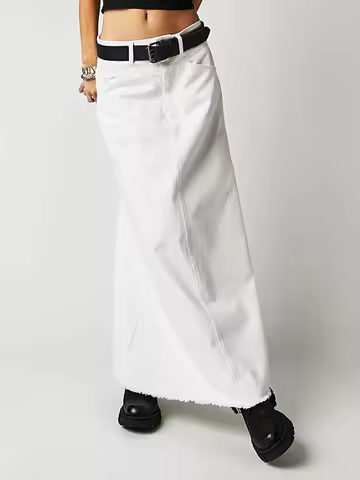Women Y2K Vintage Denim Maxi Skirt High Waist A-Line Frayed Hem Loose Long Jean Skirt OOTD Streetwea