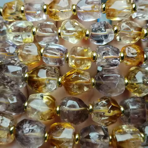 Xingyu Natural Top Amethyst Citrine Purple Yellow Azeztulite Irregular Faceted Smooth Round Loose Be