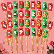 Menkxi 32 Pcs Christmas Silicone Spatula, Xmas Cake Spatula with Wooden Handle Kitchen Silicone Spatula Santa Claus Snowman Gingerbread Spatula for Cooking Baking Stir Butter Cream