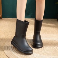 厚底防水防滑女裝雨靴 加棉保暖中筒雨鞋 戶外休閒英倫風- 056純黑單鞋 36