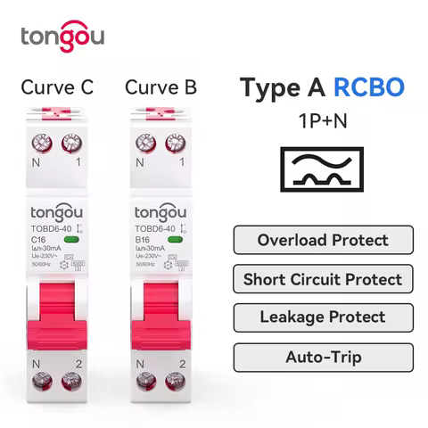 Residual Current Circuit Breaker RCBO Type A 1P+N DPN 6KA 30mA, Curve B C , 18mm Overcurrent & Leaka