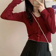 E1 Women's long-sleeved cardigan knitted sweater with V-neck, small buttons, wavy edges, short, simp