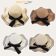 Women's Beach Hat Round Head Wavy Brim Bow, Wide Brim Sun Hat for WalkingVinatge NCLT06 - TRIEUVY_FA