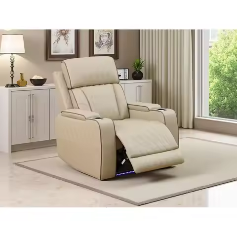 Beige Leather Power Reclining Chair Set, Sectional Sofa with Reclining and Storage, LED-lit Living R