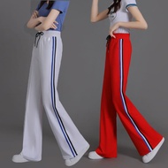 tracksuit woman seluar tracksuit perempuan Wide-Leg Tencel Trouser - White High Waist with Stripe De