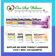 DIFFLAM AB SORE THROAT LOZENGES (ORANGE /BLACKCURRANT /LEMON /HEXTRA /HONEY LEMON) 6'S /12'S (1 BOX)