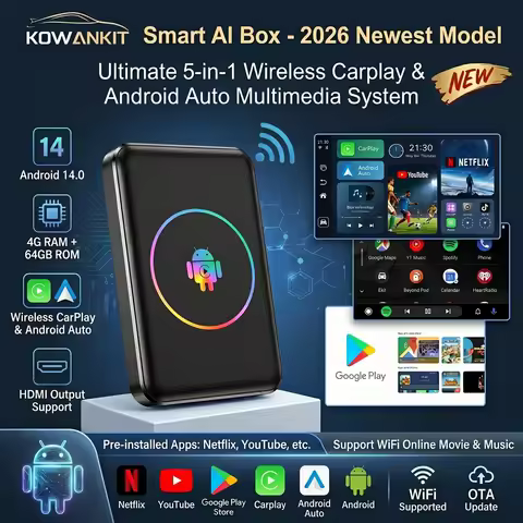 Android 14 HDMI Wireless CarPlay Ai Box Kowankit Smart 4+64G Plug & Play 5 in 1 Android Auto Car Tv 