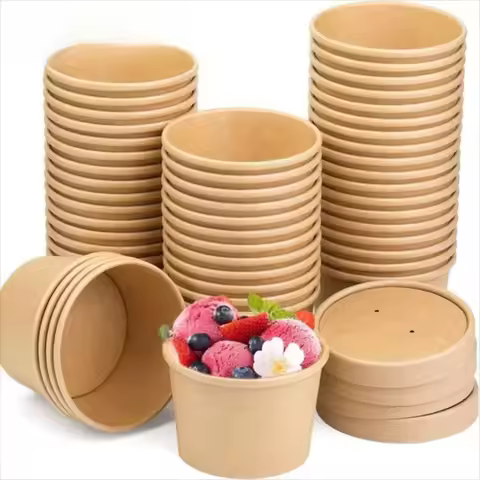10PCS New Disposable Kraft Paper Bucket Bowl 8oz/12oz/12oz with Lid Round Paper Soup Bucket Hot Soup