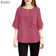 ZANZEA Women's Street Fashion Korean Style Round Neck 3/4 Sleeve Blouse