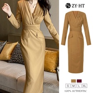 ZYHT Đầm cổ chữ v áo dài tay Mảnh mai Màu đơn giản trang trọng phong cách Hàn Quốc Casual Office Lad