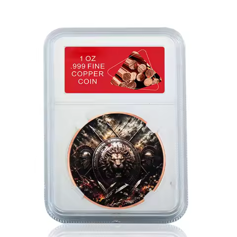 1 Oz .999 Fine Copper Ancient War Lion Challenge Coin in Slab Case Spartan Warrior Shield Pure Coppe