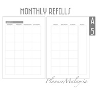 Ready Stock A5 Monthly Refills 6 Holes Loose Leaf Notebook Journal Planner Insert Planner Inner Page