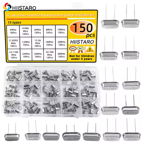 150Pcs Quartz Crystal Oscillator 4MHz, 4.096MHz, 6MHz, 8MHz, 10MHz, 11.0592MHz, 12 MHz, 13.56MHz,16 