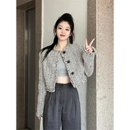 23AW Black checkeredJacket with tassels for women, high-end American vin tage short jacket