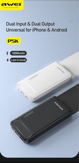 輕量行動電源 10000mAh 雙 USB A PD 快充外接電池 通用便攜式手機行動電源 Lightweight Power Bank 10000mAh With Double USB A PD Fast Charge External Battery Universal Protable Phone Power bank AWEI