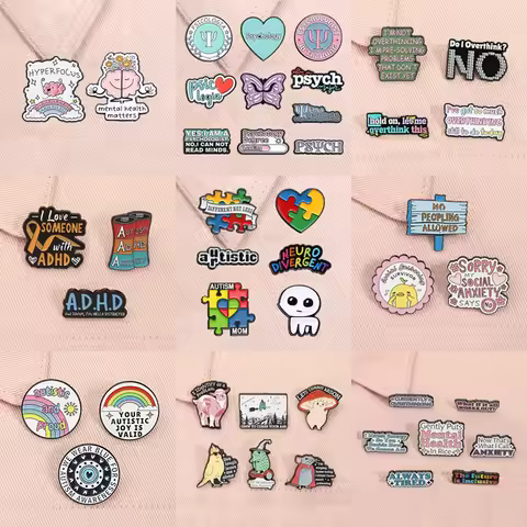 2-10pcs/set ADHD Mental Health Enamel Pins Psicologia Social Anxiety Overthinking Introverted Brooch