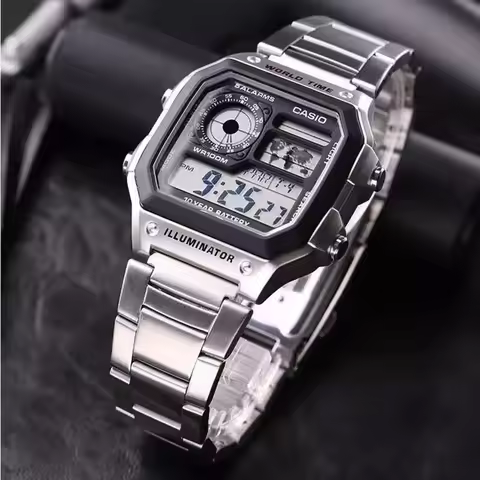 Casio AE1200WHD-1A Retro Small Silver Block Watch Stainless Steel Band Quartz Electronic Wristwatch 