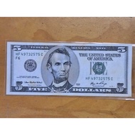 2006 United States five dollars bill USA USD5 Banknote Abraham Lincoln EF toned/yellowish SN: HF4973