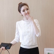 Autumn female coat Korean bottoming shirt women long sleeves lace openwork t waist white lace shirt