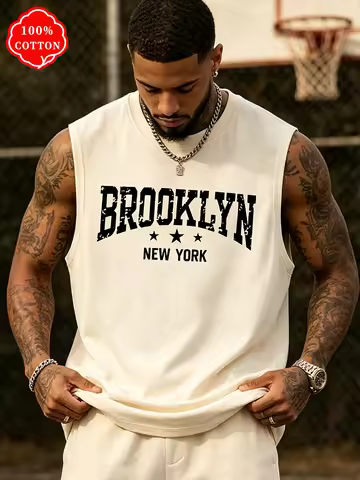 Men 100% Cotton Crew Neck Tank Top Vintage Brooklyn NY Star Print Sleeveless Shirt Loose Streetwear 