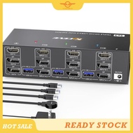 [CloudsMiles]  2 Displayport 8K@60Hz 4K@144Hz Triple Monitor Keyboard and Mouse Switch Black US-Plug