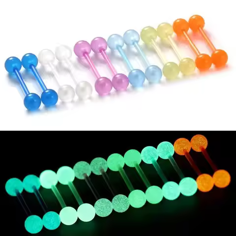 12PCS/24PCS 14G 16mm Glow in Dark Flexible Acrylic Straight Tongue Rings Plastic Nipple Ring Retaine