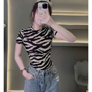 Hotgirl round neck striped leopard shirt basic - 456 baju perempuan t shirt baju t shirt perempuan