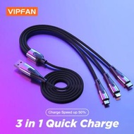 ViPFaN - Z3 - 3合一TYPE C/IP/MICRO USB高傳電充電線IPHONE 13 PRO MAX ANDROID手機適用 黑 1米