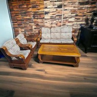新北二手家具電器估價/一格行 客廳木椅組1+1+3+大小茶几 二手傢俱 木椅組 木製沙發