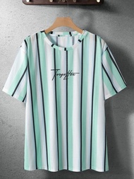 【S~5XL】Fashion Printed Stripe T-Shirt Men Short Sleeve O-neck Wear High Quality Casual Tees Shirt 7-color
