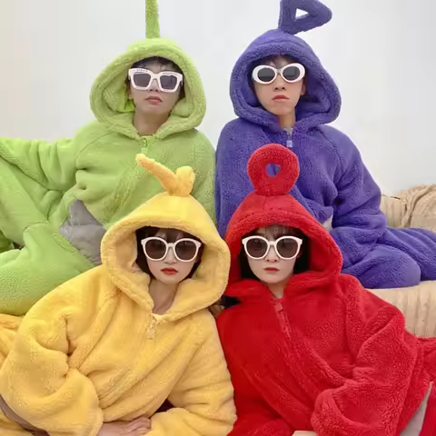 Cartoon Character Onesie Pajama Flannel Full Zip Hooded Jumpsuit Home Nightwear Halloween Group Cosp