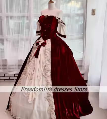 Elegant Victorian & Bridgerton Gowns Red Quincenara Dresses Ball Gown Lace Bows Off The Shoulder Ren